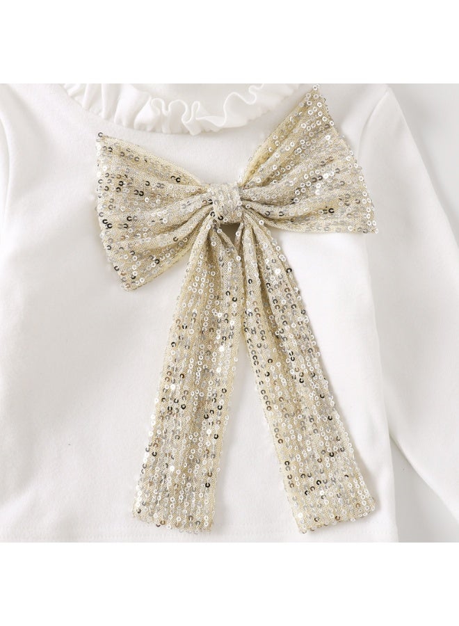 Smarties AE Girls Two Piece Set, Long Sleeve Bow Turtleneck Top with Pleated Skirt, White and Red, Children's Boutique Clothing - Image 4